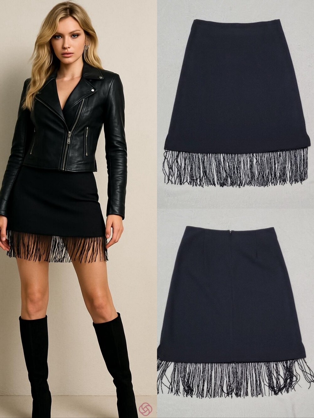 Punk 80s Vintage Rapture Black Crepe Bold Beaded Fringe High Waisted Mini Skirt